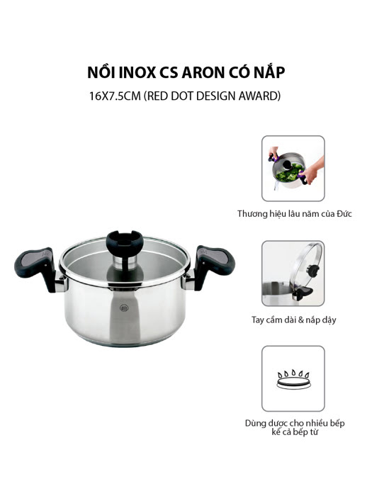 Nồi inox CS ARON có nắp 16x7.5cm (Red Dot design award) - 060541