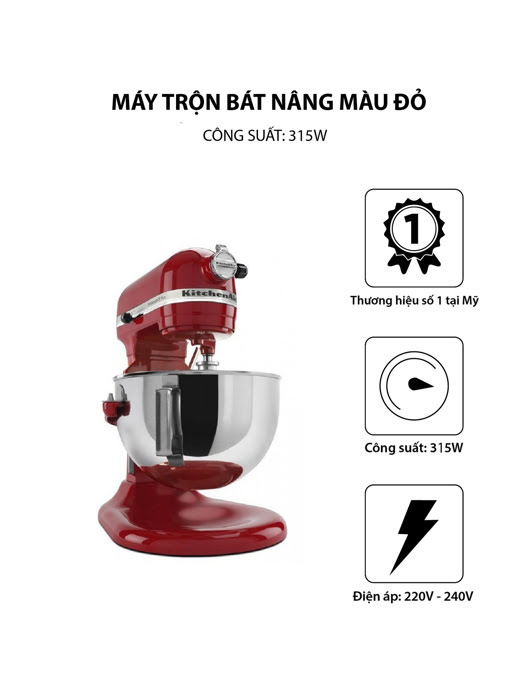 Máy trộn bát nâng công suất lớn KitchenAid Heavy Duty 220V màu đỏ 