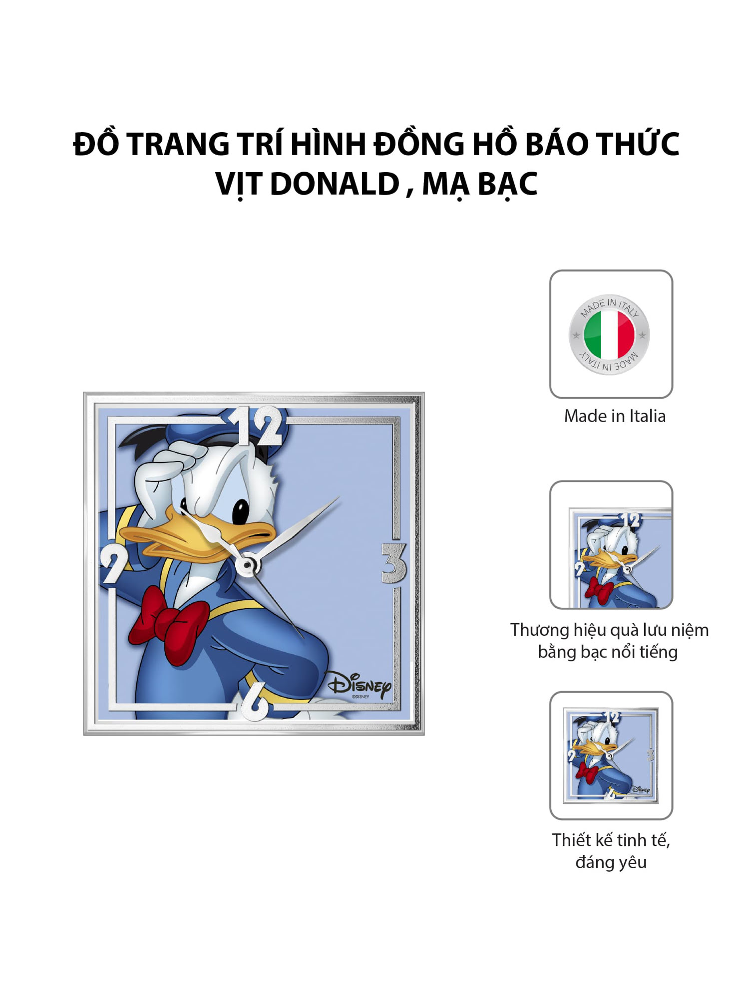 Đồ trang trí hình Đồng hồ báo thức Vịt Donald  mạ bạc hiệu VALENTI  - D397C