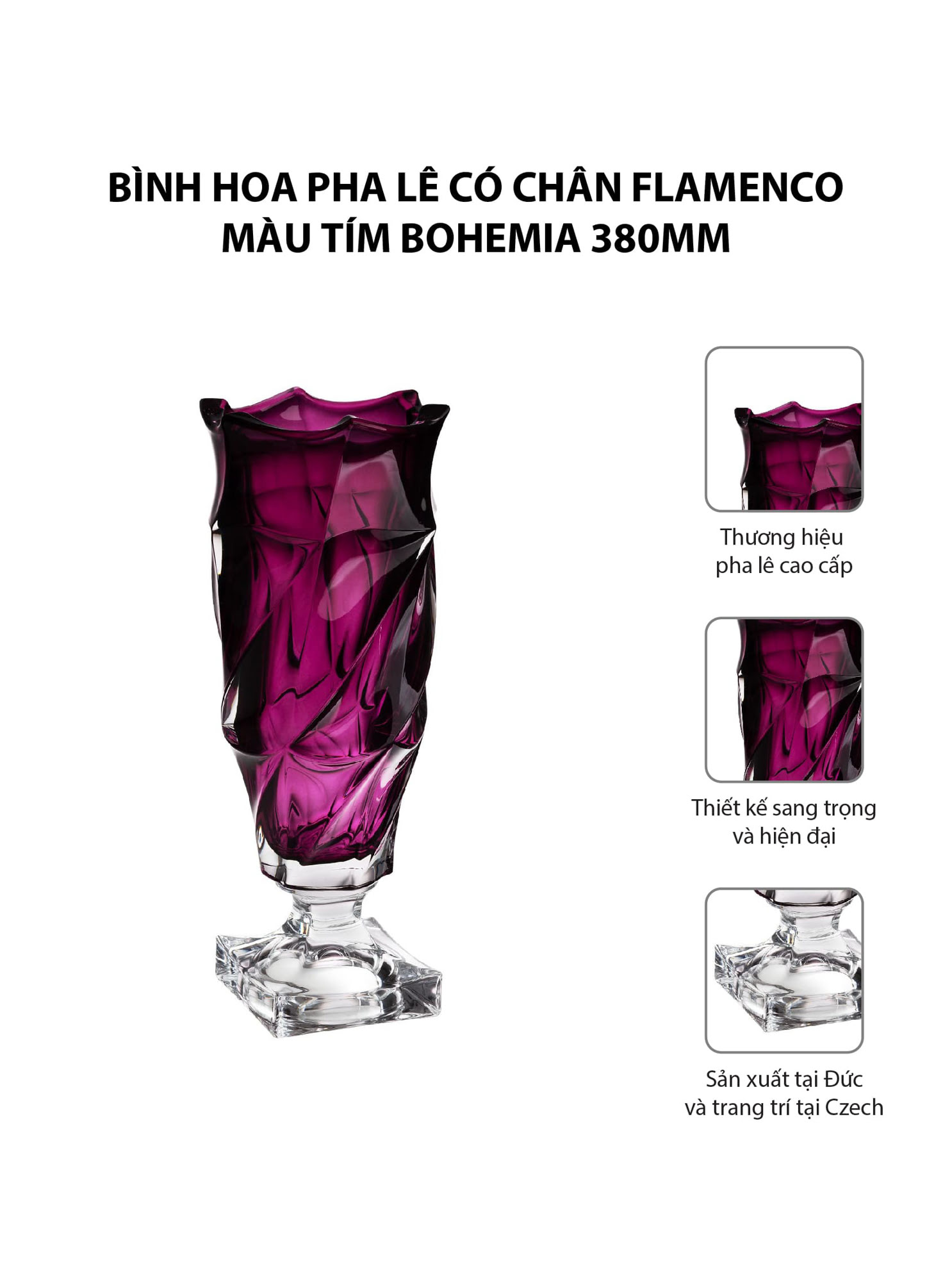 Bình hoa pha lê có chân Flamenco màu tím Bohemia 380mm