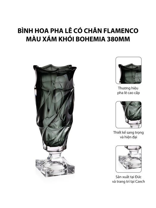 Bình hoa pha lê có chân Flamenco màu xám khói Bohemia 380mm