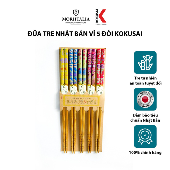 Vỉ 5 đôi đũa tre Kokusai Nhật Bản an toàn, chất liệu tre tự nhiên Moriitalia NDCK-06