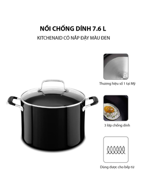 Nồi chống dính 7.6 L KitchenAid có nắp đậy màu đen KC2A80SCOB